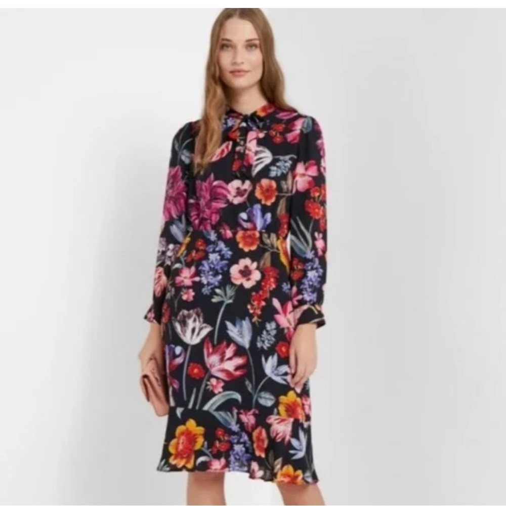 J.Crew Tie-Neck Midnight Dutch Floral Dress Style #AD069 Size 0 Black Multi
